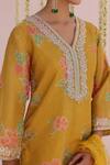 Buy_Myaara_Mustard Tissue Embroidery, Lace V-neck Floral Kurta Set _Online_at_Aza_Fashions