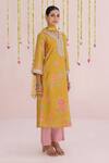 Shop_Myaara_Mustard Tissue Embroidery, Lace V-neck Floral Kurta Set _Online_at_Aza_Fashions