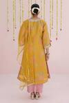 Shop_Myaara_Mustard Tissue Embroidery, Lace V-neck Floral Kurta Set _at_Aza_Fashions