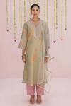 Shop_Myaara_Mint Tissue, Net Embroidery, Lace, Sequins V-neck Flower Kurta Set _Online_at_Aza_Fashions