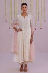 Shop_Myaara_Ivory Chanderi, Net Embroidery, Sequins Split V-neck Anarkali Pant Set _Online_at_Aza_Fashions