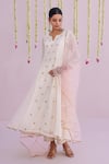 Myaara_Ivory Chanderi, Net Embroidery, Sequins Split V-neck Anarkali Pant Set _at_Aza_Fashions