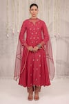 Buy_Myaara_Red Chanderi, Net Embroidery, Sequins Split V-neck Anarkali Pant Set _at_Aza_Fashions