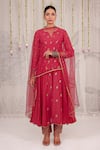 Myaara_Red Chanderi, Net Embroidery, Sequins Split V-neck Anarkali Pant Set _Online_at_Aza_Fashions