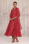 Buy_Myaara_Red Chanderi, Net Embroidery, Sequins Split V-neck Anarkali Pant Set _Online_at_Aza_Fashions