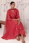 Shop_Myaara_Red Chanderi, Net Embroidery, Sequins Split V-neck Anarkali Pant Set _Online_at_Aza_Fashions