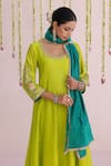Myaara_Lime Chanderi Embroidery Round Neck Sleeve Anarkali Set _at_Aza_Fashions