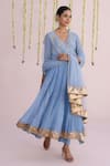 Buy_Myaara_Blue Chanderi Embroidery V-neck Angarkha Pant Set _at_Aza_Fashions