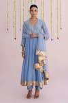 Myaara_Blue Chanderi Embroidery V-neck Angarkha Pant Set _Online_at_Aza_Fashions