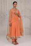 Myaara_Peach Chanderi Embroidery, Zari V-neck Angarkha Pant Set _Online_at_Aza_Fashions