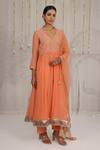 Myaara_Peach Chanderi Embroidery, Zari V-neck Angarkha Pant Set _at_Aza_Fashions