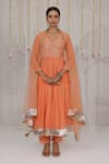 Buy_Myaara_Peach Chanderi Embroidery, Zari V-neck Angarkha Pant Set _at_Aza_Fashions