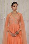 Shop_Myaara_Peach Chanderi Embroidery, Zari V-neck Angarkha Pant Set 