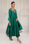 Buy_Myaara_Emerald Green Chanderi Embroidery, Gota Patti V-neck Anarkali Pant Set 