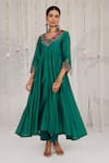 Shop_Myaara_Emerald Green Chanderi Embroidery, Gota Patti V-neck Anarkali Pant Set 