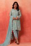Buy_Shetab Kazmi_Aqua Chanderi, Cotton Embroidery, Piping Round Floral Print Kurta Tulip Pant Set _at_Aza_Fashions
