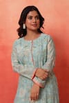 Shop_Shetab Kazmi_Aqua Chanderi, Cotton Embroidery, Piping Round Floral Print Kurta Tulip Pant Set _Online_at_Aza_Fashions
