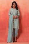 Buy_Shetab Kazmi_Aqua Chanderi, Cotton Embroidery, Piping Round Floral Print Kurta Tulip Pant Set 