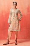 Shop_Shetab Kazmi_Peach Chanderi, Cotton Embroidery, Piping Blossom Print Kurta Tulip Pant Set _Online_at_Aza_Fashions