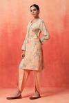 Shetab Kazmi_Peach Chanderi, Cotton Embroidery, Piping Blossom Print Kurta Tulip Pant Set _at_Aza_Fashions