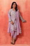 Buy_Shetab Kazmi_Mauve Chanderi, Cotton Embroidery Round Neck Bloom Print Kurta Tulip Pant Set _at_Aza_Fashions