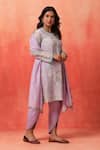 Shetab Kazmi_Mauve Chanderi, Cotton Embroidery Round Neck Bloom Print Kurta Tulip Pant Set _at_Aza_Fashions