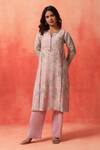 Shetab Kazmi_Pink Chanderi, Cotton Embroidery, Piping Split V-neck Bloom Print Kurta Set _at_Aza_Fashions