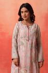 Buy_Shetab Kazmi_Pink Chanderi, Cotton Embroidery, Piping Split V-neck Bloom Print Kurta Set 