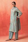 Shetab Kazmi_Aqua Chanderi, Cotton Embroidery, Piping Split V-neck Bloom Print Kurta Pant Set _Online_at_Aza_Fashions
