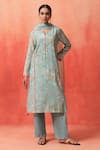Buy_Shetab Kazmi_Aqua Chanderi, Cotton Embroidery, Piping Split V-neck Bloom Print Kurta Pant Set _at_Aza_Fashions