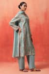 Shop_Shetab Kazmi_Aqua Chanderi, Cotton Embroidery, Piping Split V-neck Bloom Print Kurta Pant Set _Online_at_Aza_Fashions