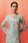 Shetab Kazmi_Aqua Chanderi, Cotton Embroidery, Piping Split V-neck Bloom Print Kurta Pant Set _at_Aza_Fashions