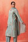 Buy_Shetab Kazmi_Aqua Chanderi, Cotton Embroidery, Piping Split V-neck Bloom Print Kurta Pant Set 