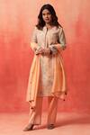 Shop_Shetab Kazmi_Peach Chanderi, Cotton Embroidery, Mirrors, Piping, Floret Print Kurta Pant Set _Online_at_Aza_Fashions
