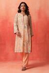 Shop_Shetab Kazmi_Peach Chanderi, Cotton Embroidery, Mirrors, Piping, Floret Print Kurta Pant Set _at_Aza_Fashions