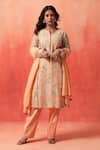 Buy_Shetab Kazmi_Peach Chanderi, Cotton Embroidery, Mirrors, Piping, Floret Print Kurta Pant Set _at_Aza_Fashions
