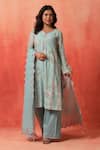 Buy_Shetab Kazmi_Aqua Chanderi, Cotton Embroidery Split V-neck Hand Kurta Pant Set _at_Aza_Fashions