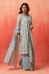 Buy_Shetab Kazmi_Aqua Chanderi, Cotton Embroidery Split V-neck Hand Kurta Pant Set _Online_at_Aza_Fashions