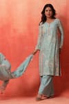 Shetab Kazmi_Aqua Chanderi, Cotton Embroidery Split V-neck Hand Kurta Pant Set _at_Aza_Fashions