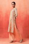 Shetab Kazmi_Peach Chanderi, Cotton Embroidery, Tassels Split V-neck Panelled Kurta Pant Set _Online_at_Aza_Fashions