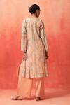 Shop_Shetab Kazmi_Peach Chanderi, Cotton Embroidery, Tassels Split V-neck Panelled Kurta Pant Set _at_Aza_Fashions