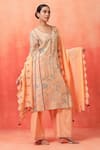 Buy_Shetab Kazmi_Peach Chanderi, Cotton Embroidery, Tassels Split V-neck Panelled Kurta Pant Set _at_Aza_Fashions