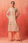 Shop_Shetab Kazmi_Peach Chanderi, Cotton Embroidery, Tassels Split V-neck Panelled Kurta Pant Set _Online_at_Aza_Fashions