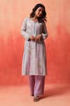 Shetab Kazmi_Mauve Chanderi, Cotton Embroidery Split V-neck Hand Kurta Pant Set _Online_at_Aza_Fashions