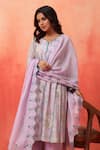 Shetab Kazmi_Mauve Chanderi, Cotton Embroidery Split V-neck Hand Kurta Pant Set _at_Aza_Fashions