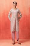 Shetab Kazmi_Pink Chanderi, Cotton Embroidery Round Neck Floral Print Kurta Tulip Pant Set _Online_at_Aza_Fashions