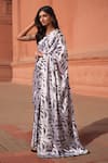 Buy_Naintara Bajaj_White Chinon, Silk V-neck Leaf Print Pre-draped Saree With Blouse _Online_at_Aza_Fashions