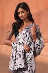 Shop_Naintara Bajaj_White Chinon, Silk V-neck Leaf Print Pre-draped Saree With Blouse _Online_at_Aza_Fashions