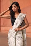 Shop_Naintara Bajaj_Off White Chinon, Brocade V-neck Floral Print Pre-draped Saree With Blouse _Online_at_Aza_Fashions