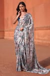 Buy_Naintara Bajaj_Off White Chinon V-neck Floral Print Pre-draped Saree With Blouse _at_Aza_Fashions